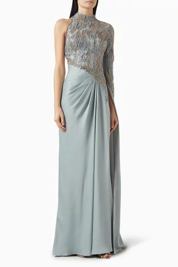 Embellished Asymmetric Gown in Satin & Tulle