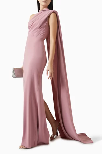 Padded-shoulder Cape Dress in Crepe