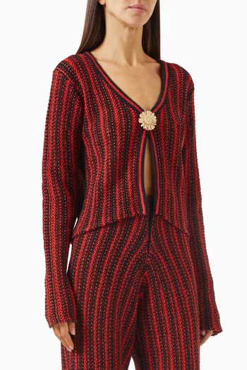 Striped Floral Open Cardigan in Cotton-knit