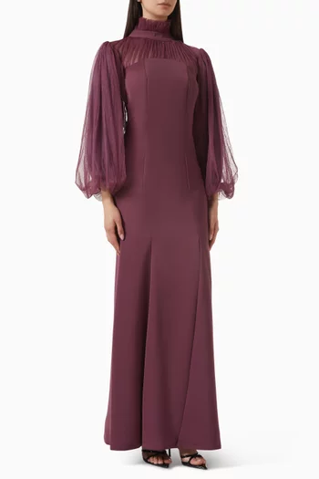 فستان مزين بكشكش كريب وتول