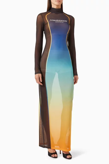 فستان طويل بنقشة بألوان متدرجة قماش شبكي