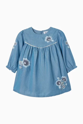 Floral Embroidered Flared Dress in Denim