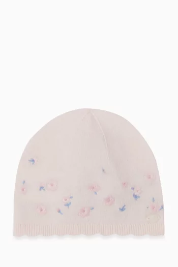 Floral Embroidered Beanie Hat in Wool Blend