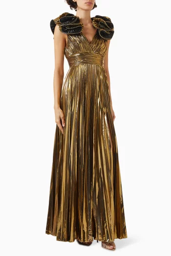 Pleated Metallic V-neck Ruffled Gown