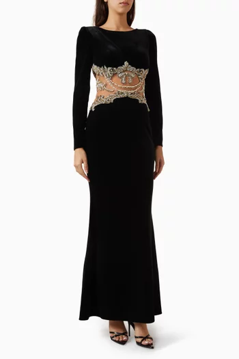 Sheer Embellished Maxi Dress in Velvet