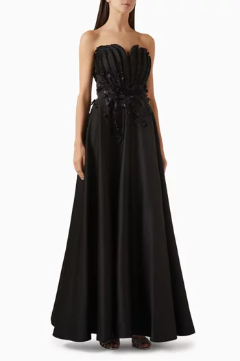 Strapless Floral Beaded Gown in Satin