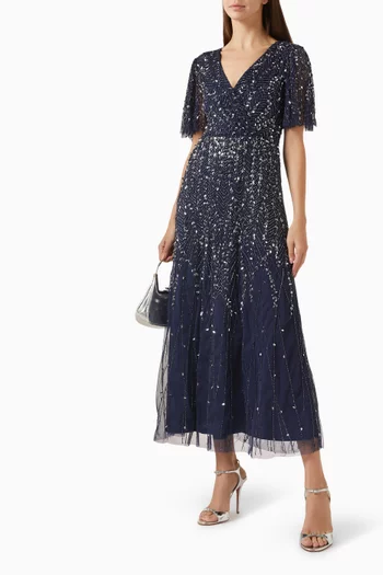 Beaded Butterfly-sleeve Dress in Mesh