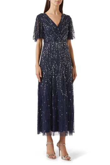 Beaded Butterfly-sleeve Dress in Mesh