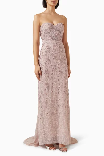 Beaded Strapless Bustier Cape Gown