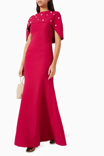 Pearl Embellished Cape Gown in Crepe