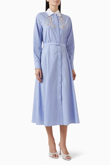 فستان اتيربي طويل بنمط قميص مزين بتطريزات مفرغة قطن