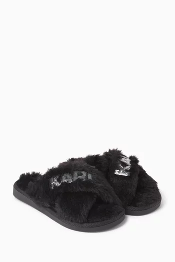 Cross-strap Slippers in Faux Fur