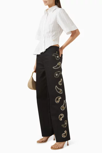 Paislino Embroidered Pants in Cotton Canvas
