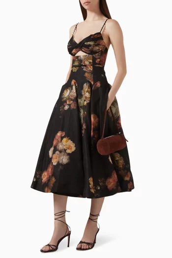 فستان هيبنوتك متوسط الطول بجزء ملفوف أورجانزا وحرير وكتان