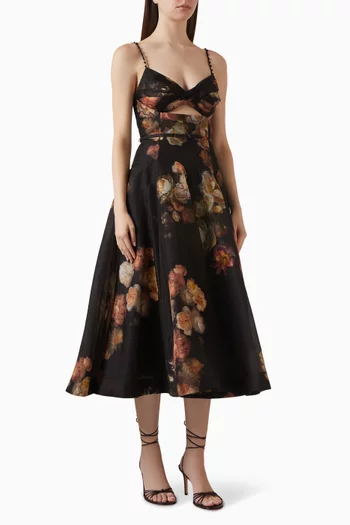 فستان هيبنوتك متوسط الطول بجزء ملفوف أورجانزا وحرير وكتان