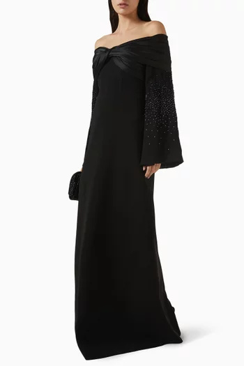 فستان أزور طويل بأكتاف مكشوفة كريب