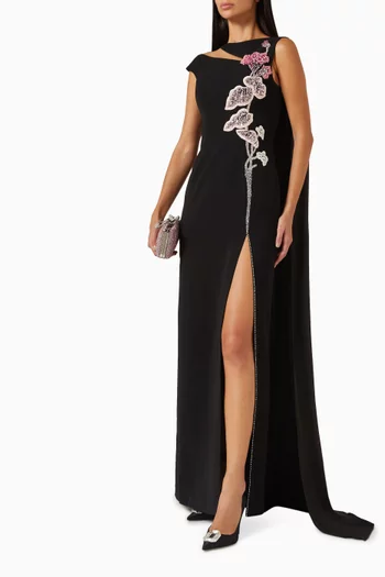 Floral Embellished Gown in Velvet Satin & Chiffon
