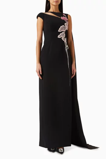 Floral Embellished Gown in Velvet Satin & Chiffon