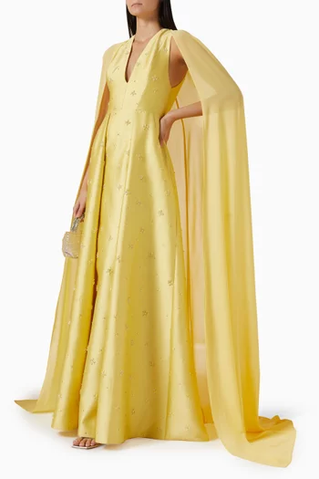 V-neck Cape Gown in Taffeta