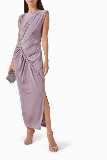 فستان متوسط الطول بدرابيه وفتحة