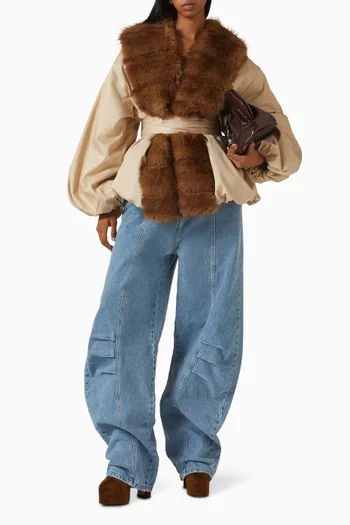 Belted Faux Fur-collar Jacket