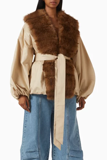 Belted Faux Fur-collar Jacket