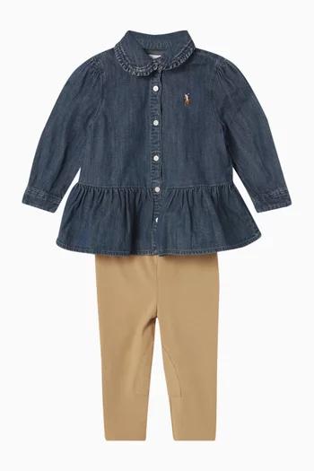 Denim Peplum Shirt & Jersey Leggings Set