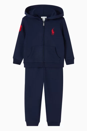 طقم كنزة بغطاء رأس وبنطال رياضي بنقشة لاعب البولو على الحصان