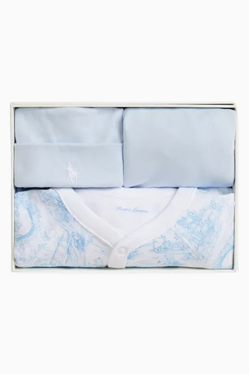 طقم هدايا لباس قطعة واحدة وصدرية وقبعة بيني مزين بطبعة بالكامل