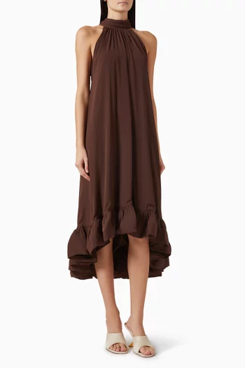 فستان سابرينا متوسط الطول بكشكش ورباط حول الرقبة