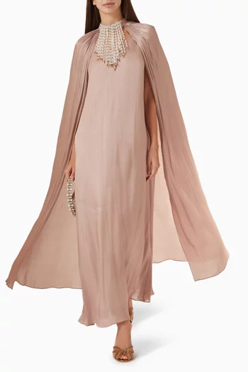 Cascading Pearl Cape Maxi Dress