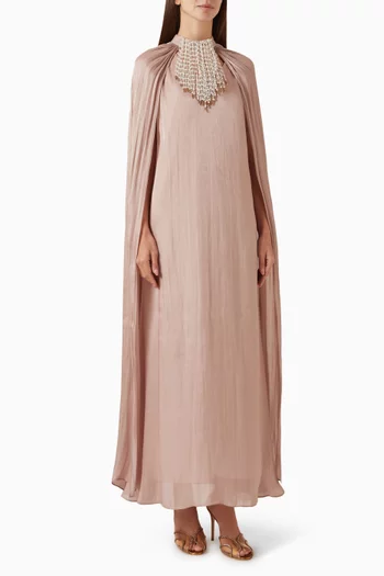 Cascading Pearl Cape Maxi Dress