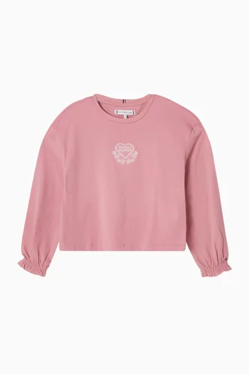 تي شيرت بأكمام طويلة وشعار قلب مطرز قطن