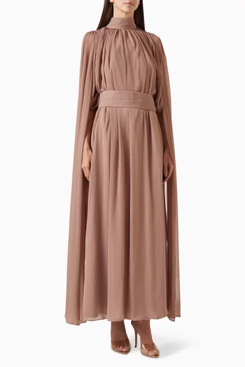 فستان طويل بكاب وياقة عالية شيفون