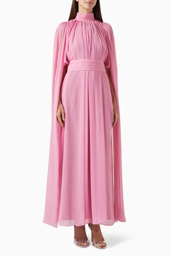 فستان طويل بكاب وياقة عالية شيفون