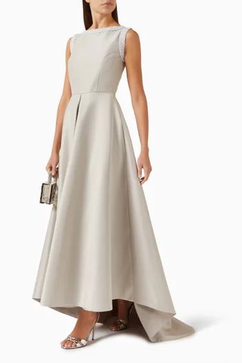Pleated Embroidered Maxi Dress in Satin