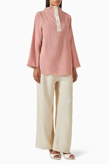 طقم بلوزة بنقشة وبنطال مزيج قطن