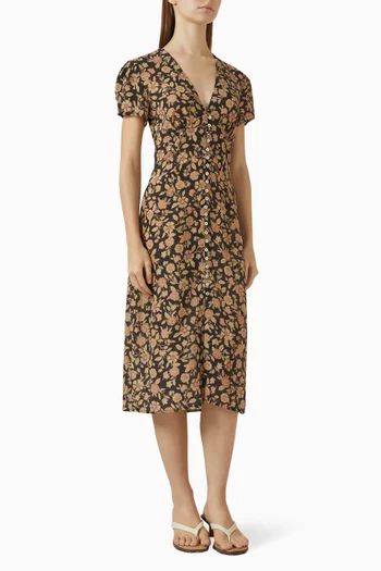 The Monica Fantasy Printed Midi Dress in Silk Crepe