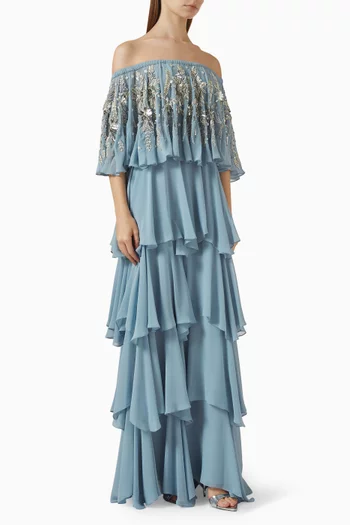 Floral Embroidered Ruffled Maxi Dress