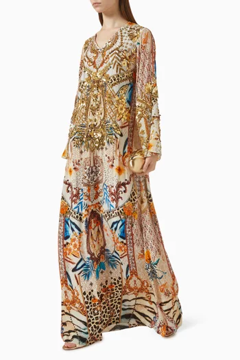 Floral Embellished Animal-print Kaftan