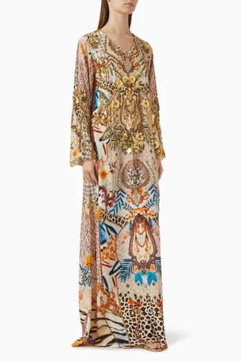 Floral Embellished Animal-print Kaftan
