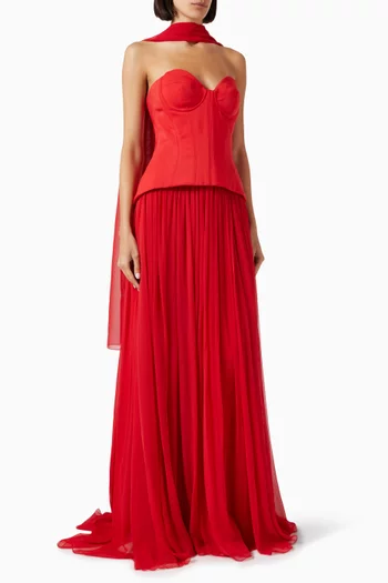 Drop Waist Corset Gown in Crepe & Chiffon