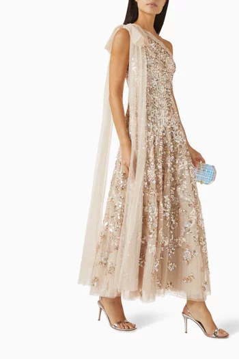 Baroque Floral One-Shoulder Gown in Tulle