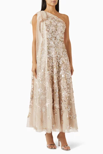 Baroque Floral One-Shoulder Gown in Tulle