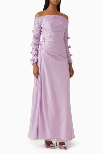 فستان سهرة مطرز بزهور بارزة