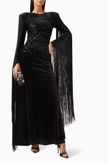 Sequin-embellished Fringe Gown in Stretch-velvet