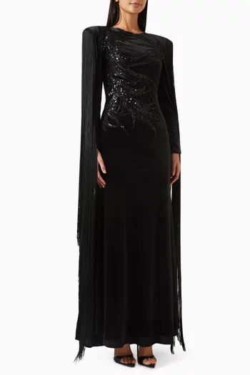 Sequin-embellished Fringe Gown in Stretch-velvet