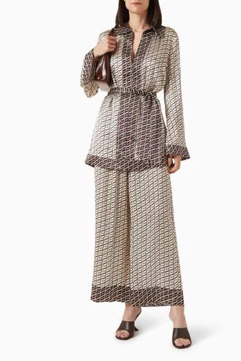 فستان قصير بنقشة شعار الماركة بلون مغاير حرير