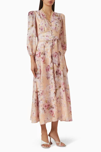 فستان بنقشة زهور كتان