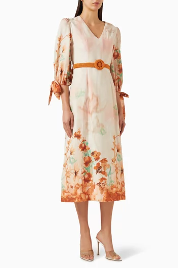 فستان بحزام ونقشة زهور كتان